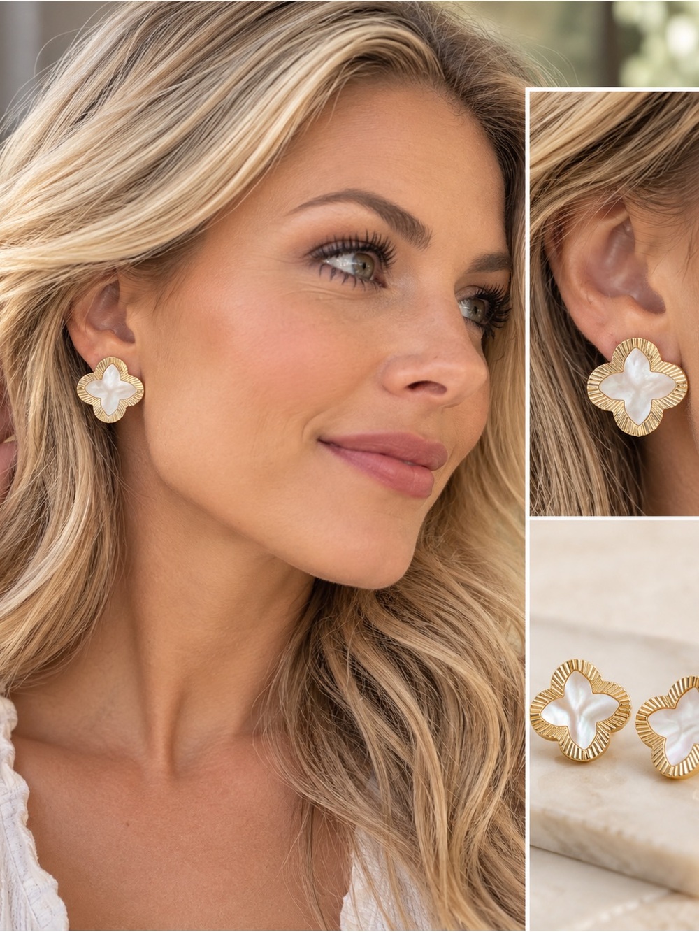 Mother-of-Pearl Clover Statement Stud Earrings – Gold-Tone Quatrefoil